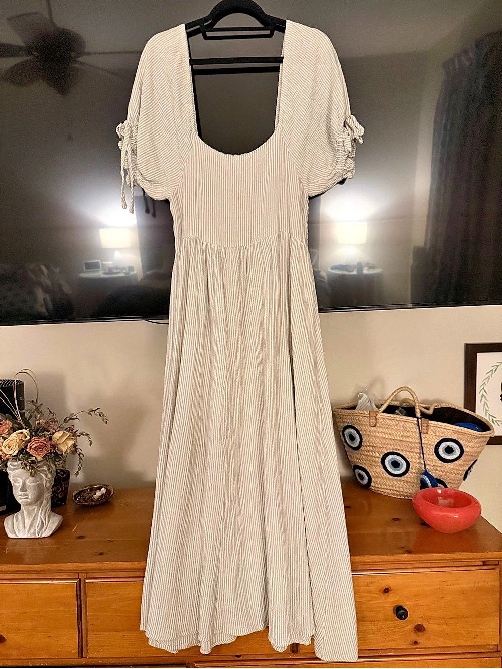 Rylee & Cru Striped Maxi Dress in Cream & Sage Green - Like New